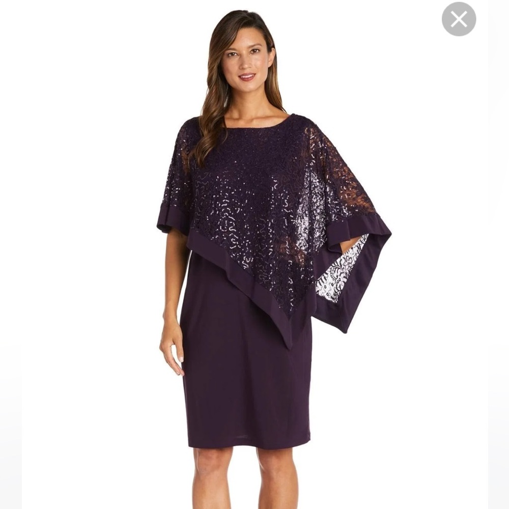 R&M Richards plum dress with sequin cape overlay